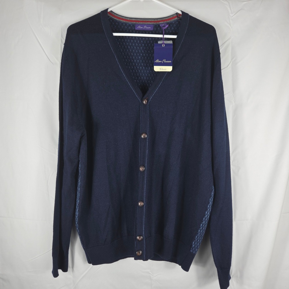 Alan Flusser Classic Mens Navy Blue Merino Wool Blend Cardigan Sweater Large NWT - Picture 2 of 11